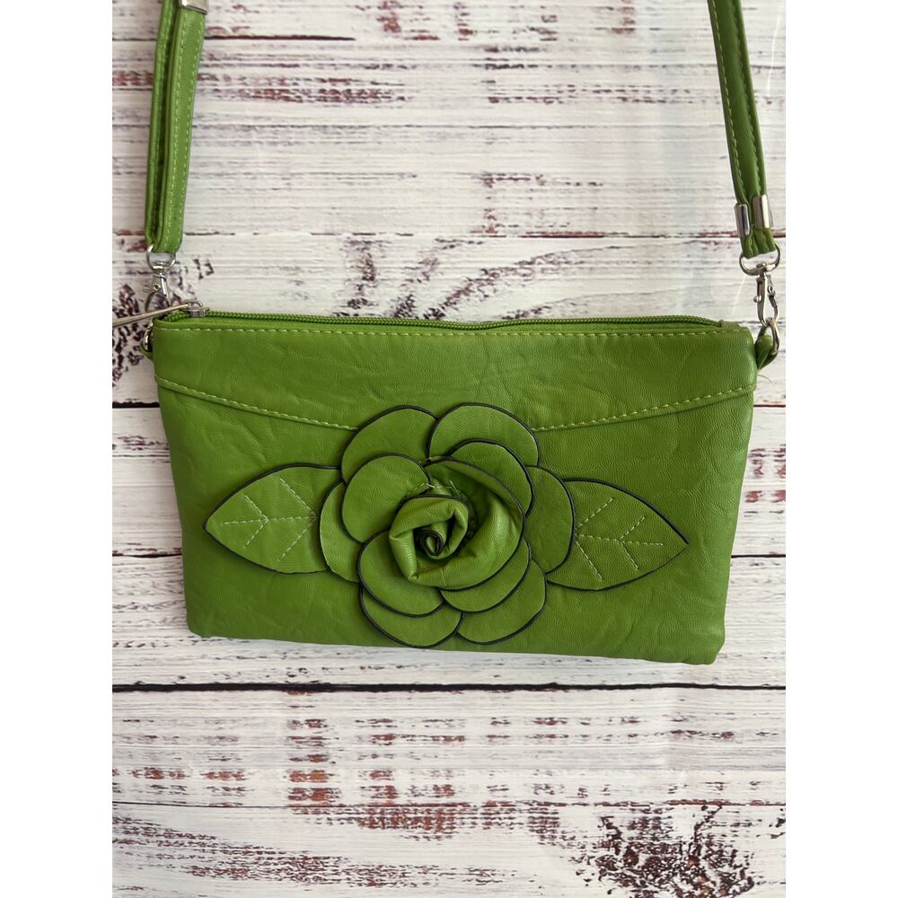 Crossbody vibrant green bag clutch purse 3D faux leather flower